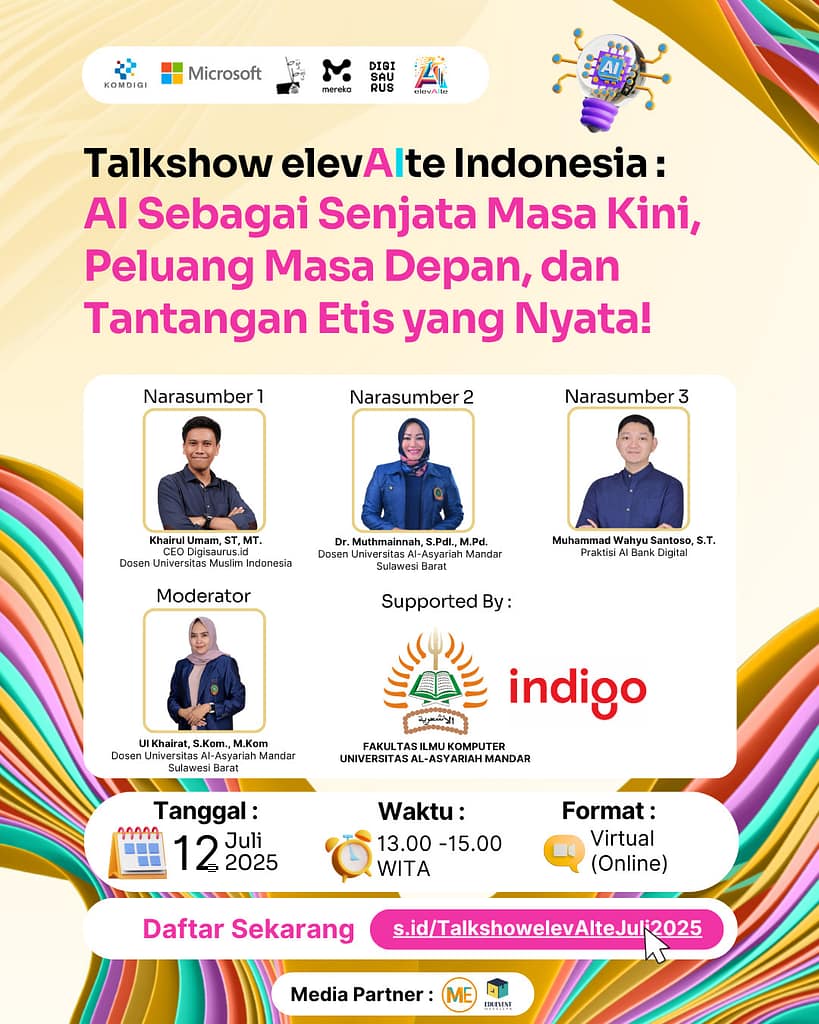 Poster Event Talkshow elevAIte “AI Sebagai Senjata Masa Kini, Peluang Masa Depan, dan Tantangan Etis Yang Nyata”