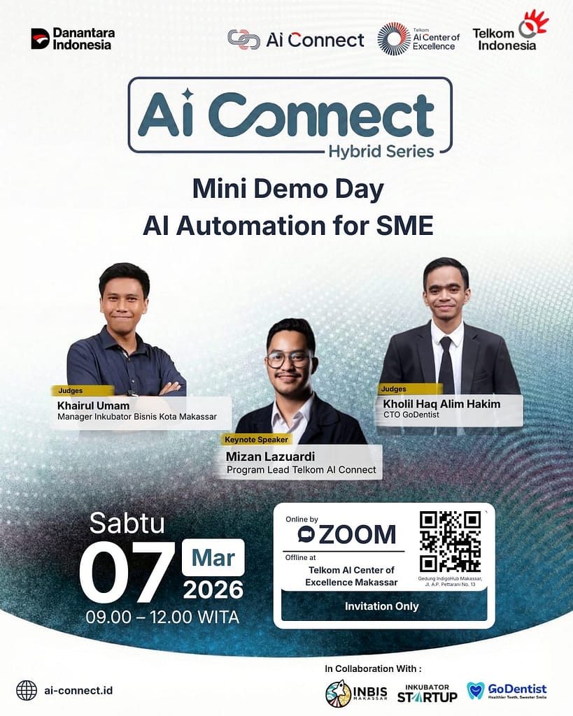 Poster Telkom AI Connect Makassar 2026: Dorong AI untuk UMKM melalui Mini Demo Day dan AI Clinic for Business