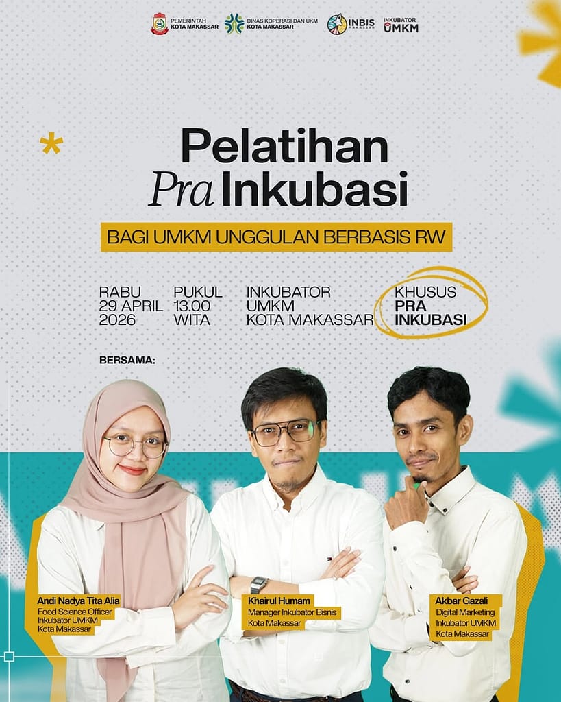 Poster Pelatihan Pra-Inkubasi UMKM Unggulan Berbasis RW – Inkubator UMKM Makassar