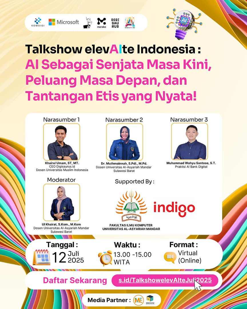 Poster Event Talkshow elevAIte “AI Sebagai Senjata Masa Kini, Peluang Masa Depan, dan Tantangan Etis Yang Nyata”