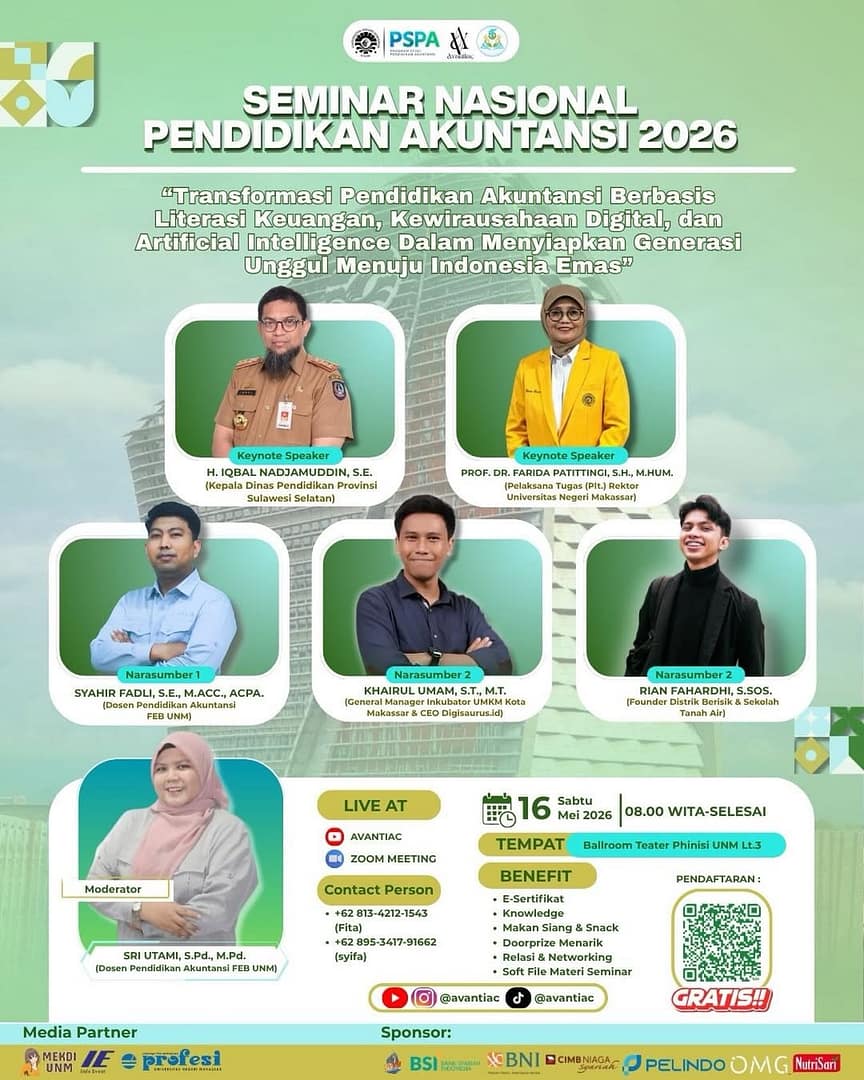 Foto KegiatanSeminar Nasional Pendidikan Akuntansi 2026: Transformasi Pendidikan Akuntansi Berbasis Literasi Keuangan, Kewirausahaan Digital, dan Artificial Intelligence